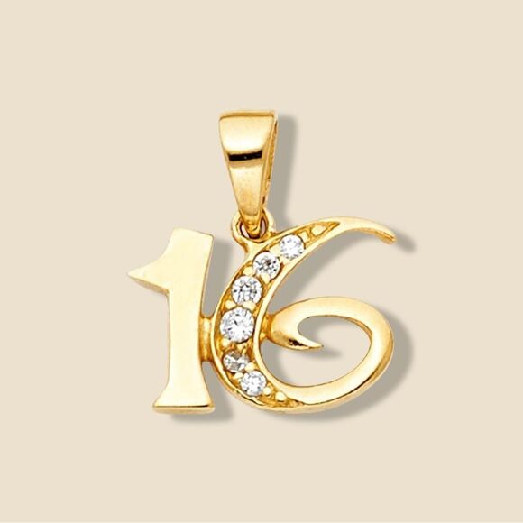 14k Solid Gold Sweet 16 Charm | Sweet 16 Jewelry | Real Gold Pendant | Birthday - Picture 1 of 8